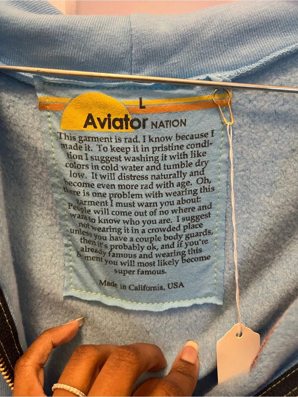 ๐ NWT Aviator Nation Rainbow Embroidery Zip Hoodie in Sky Blue - Sz Large - Picture 4 of 11